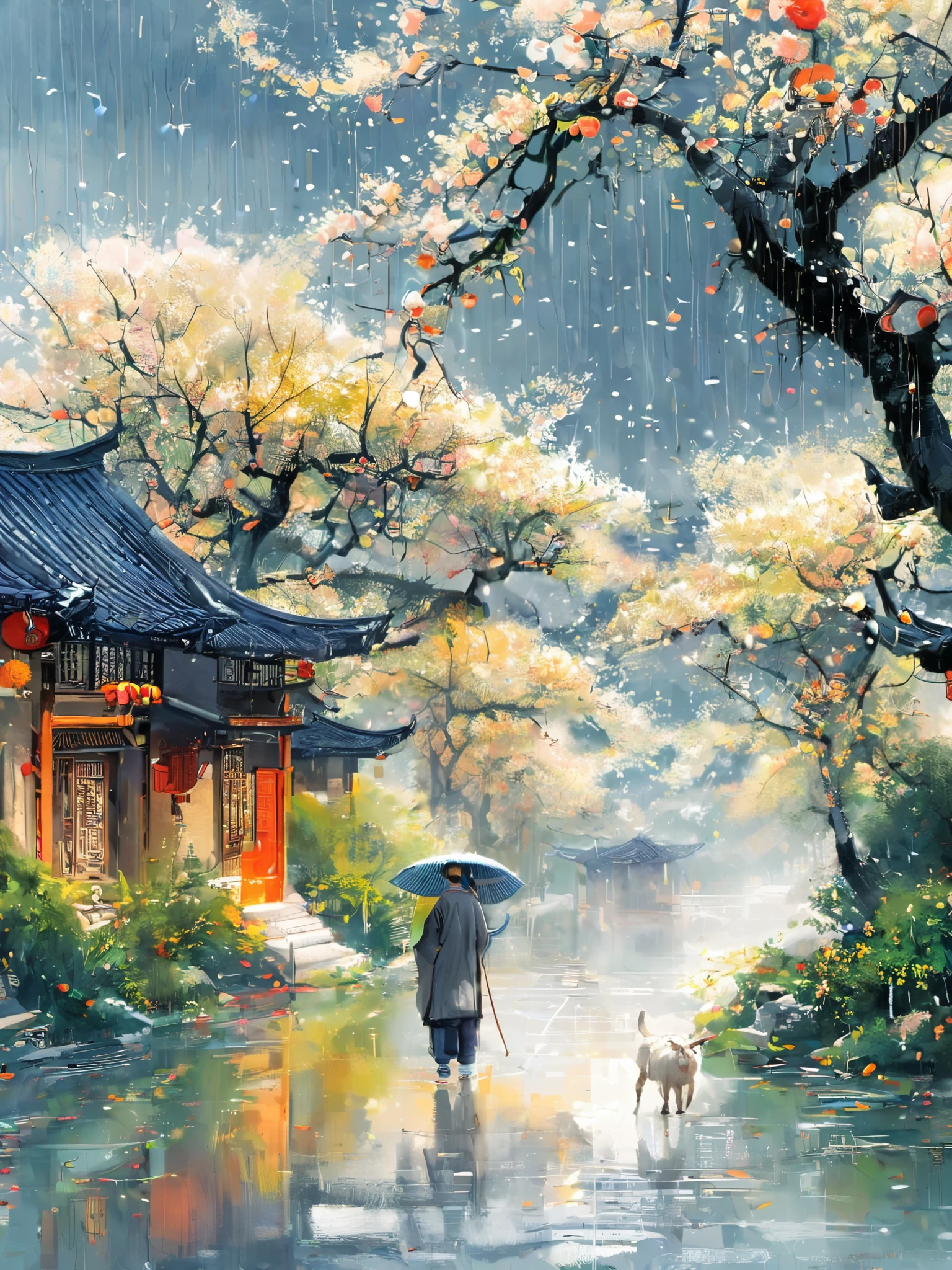 1cgrssh1, Cai GuoRUN's illustration style, Rainy Qingming season, Under a willow tree, A shepherd boy, amidst the rain, points into the distance, indicating the direction to Apricot Blossom Village, spring is full of freshness, rich details, spring scene, flat design, soft colors, vibrant tones, Chinese traditional painting elements, photorealistic, Minimal composition, High saturation and high contrast,rich light and shadow details, sharp contrast and clean lines