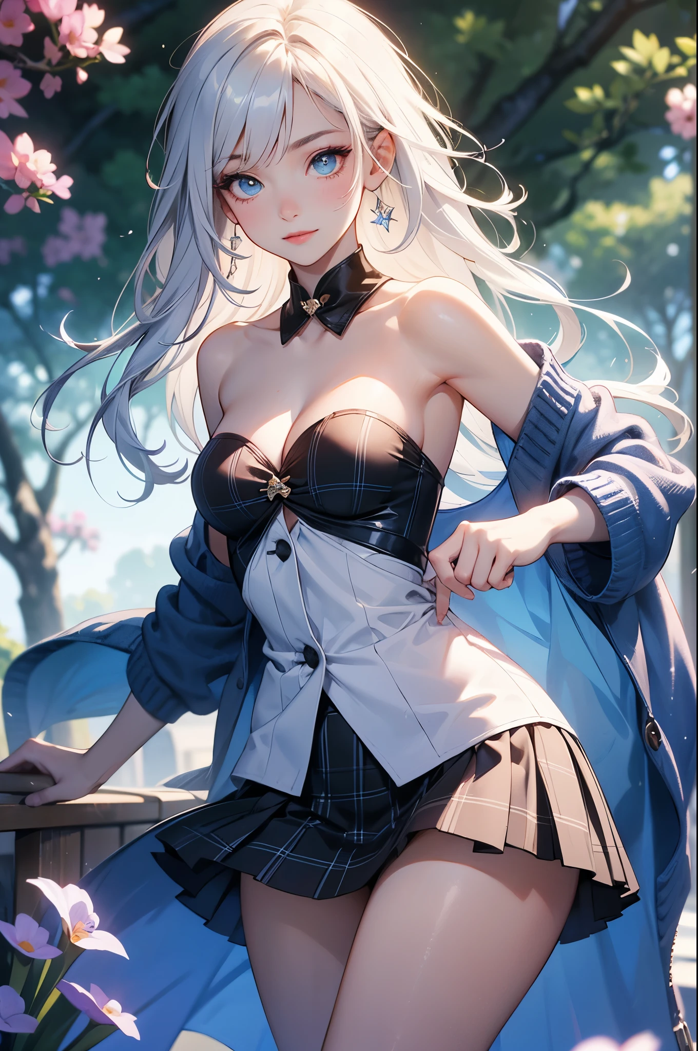 realistic image, detailed image, coherent image, 1 beautiful girl, she has very long hair, white hair with blue stripes. Her eyes are heterochromic: the right eye has a light blue iris and a drop-shaped dark blue pupil, while the left inverts the color combination. Smiling expression. She is wearing a strapless top, a cardigan, plaid pleated miniskirt, sneakers, She has a curvy body, small and thick thighs, She is posing sensually, arching her back, French atmosphere, surrounded by a park, surrounded by flowers. Soft focus, Dramatic shadows, Volumetric lighting, natural lighting,heterochromia,