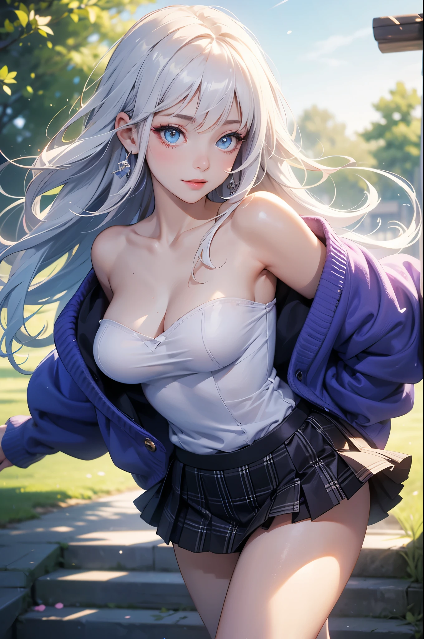 realistic image, detailed image, coherent image, 1 beautiful girl, she has very long hair, white hair with blue stripes. Her eyes are heterochromic: the right eye has a light blue iris and a drop-shaped dark blue pupil, while the left inverts the color combination. Smiling expression. She is wearing a strapless top, a cardigan, plaid pleated miniskirt, sneakers, She has a curvy body, small breasts and thick thighs, She is posing sensually, arching her back, French atmosphere, surrounded by a park, surrounded by flowers. Soft focus, Dramatic shadows, Volumetric lighting, natural lighting,heterochromia,