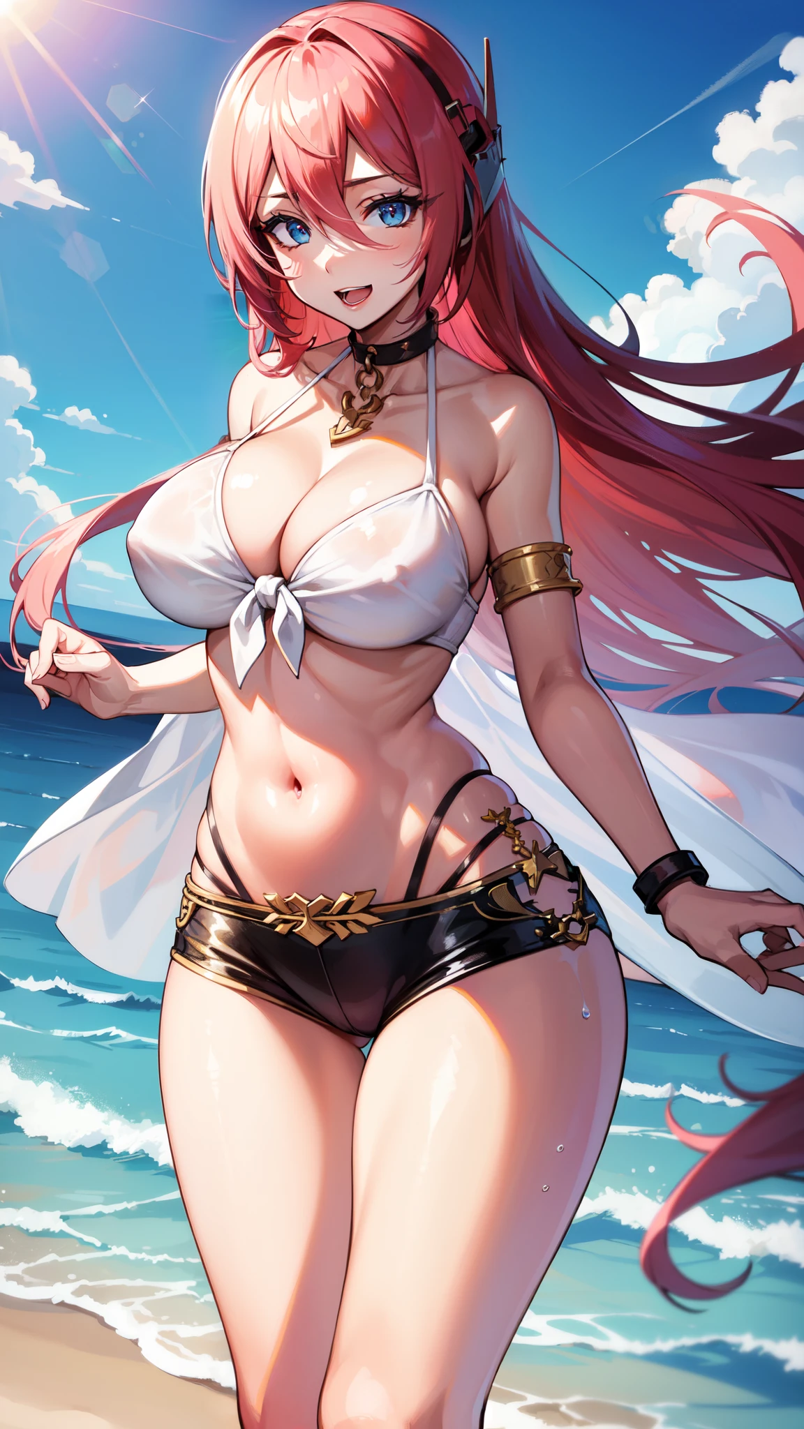 , cleavage,saggy breasts,, , navel, solo, ,open mouth,cowboy shot,smile,wide hips,,long hair,pink hair,beach,ocean,blue sky,thigh pants,white front tie top,.choker,,single pantsleg,sunlight,toe ring,anklet,gold choker,gold armlet,gold thigh ring,gold necklace,,water,masterpiece,best quality,ultra detailed,make-up,rouge,mascara, best quality, best quality ,masterpiece,an extremely delicate and beautiful, extremely detailed, Amazing, finely detail, 8k wallpaper, , ultra-detailed, highres, extremely detailed, 8K, Ultra-High Definition, highest quality, ultra high resolution, , High quality texture,Highly detailed,Open mouth, A girl, Shiny body, Shiny skin, Shiny skin, masterpiece, best quality, highest quality, ultra-detailed, extremely beautiful detailed, 1girl, solo, beautiful girl,