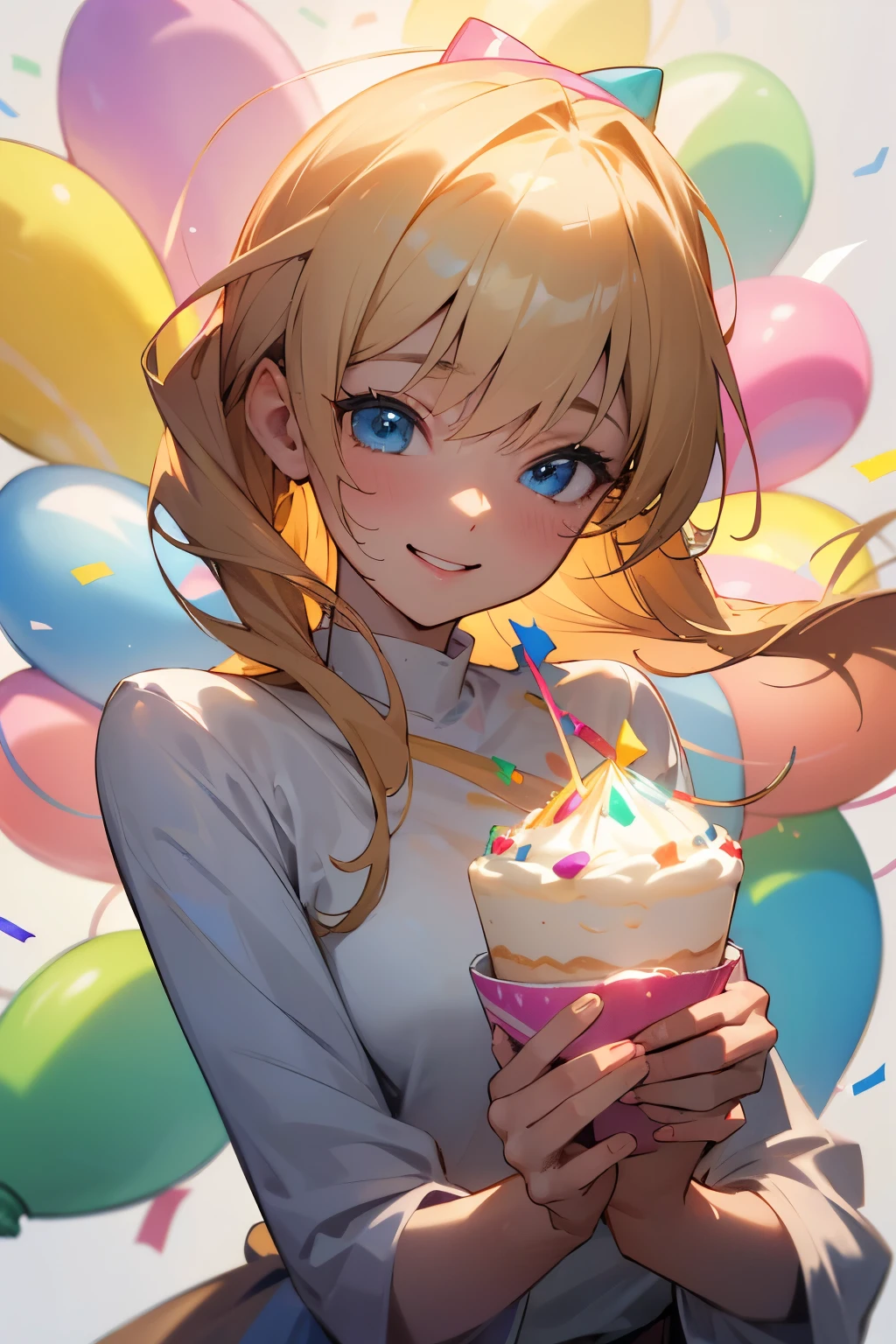 (best quality,4k,8k,highres,masterpiece:1.2),ultra-detailed,(realistic,photorealistic,photo-realistic:1.37),Tall Anime guy holding a cake for a birthday girl,anime,cake,surprised expression,blonde hair,blue eyes,soft lighting,pastel colors,party decorations,joyful atmosphere,celebration,party hat,smiling face,sparkling candles,happy birthday sign,candy confetti,cake frosting,festive background,excitement,positive energy,balloons,friendship,colored streamers,tasty dessert,fun-filled moment,memorable occasion,vibrant atmosphere,delightful celebration.