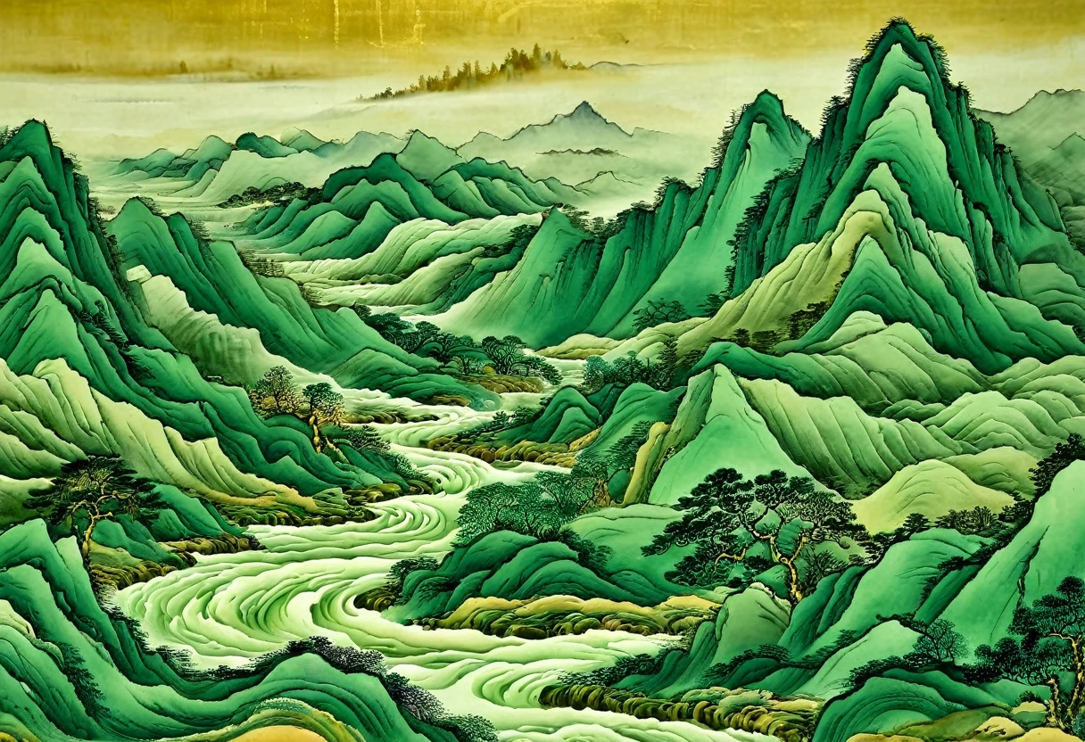 NVSII an ancient landscape painting, ink painting, green montain, flowing lines, golden line, the minimalist style, prints, 4K, ultra detailed