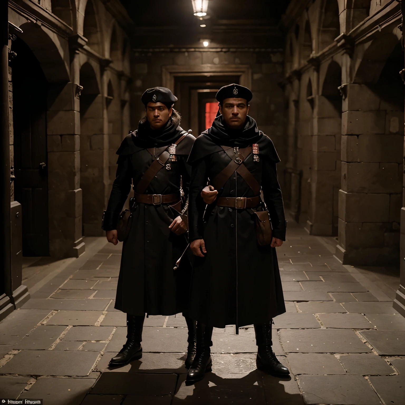 3d scenes wide view of the dungeon cells 1671 the imperial guard patrols the city of london looking for information about who stole the crown of the period style of this period people dressed, full of people in front cinematographic scene, 8k realistic