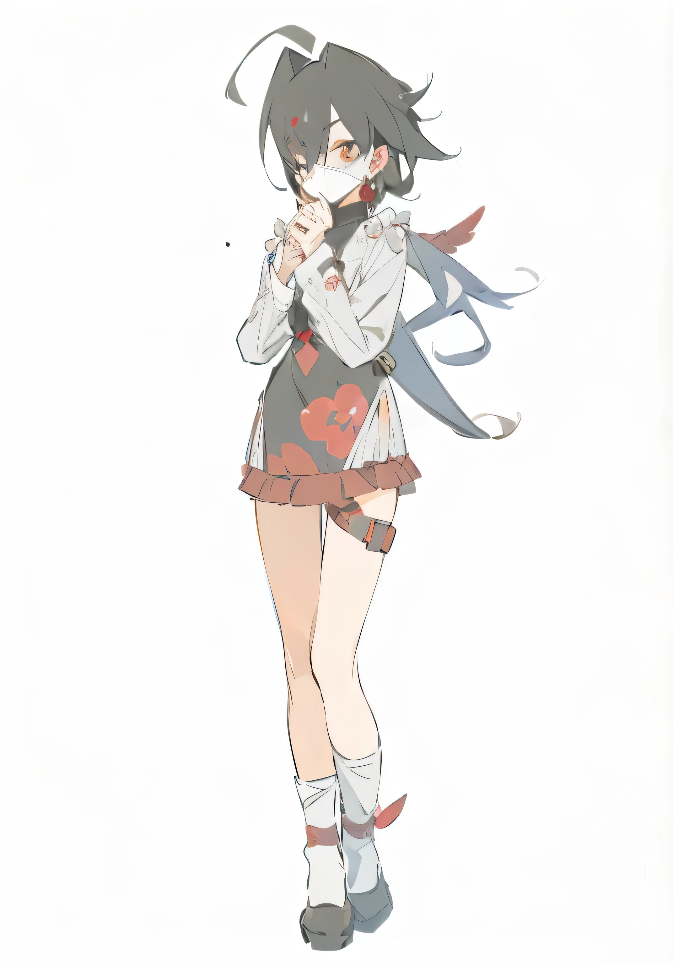 A girl,Black Hair,Red crystal earrings,White single eye mask。