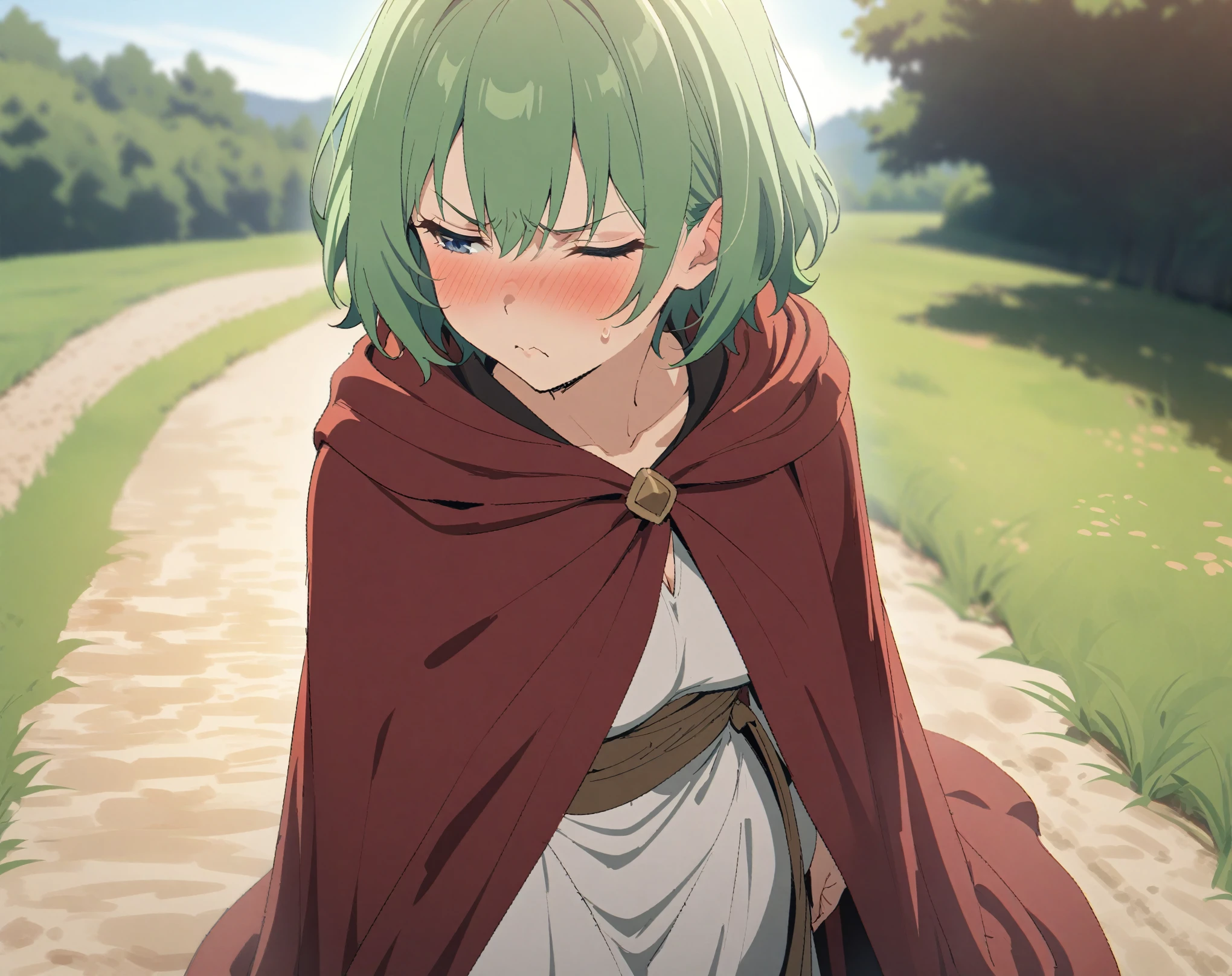 (Masterpiece, best quality, highres) {{Artist: Sincos}} 1 woman, solo, mature, 24 years old, fair skin, blue eyes, short hair, green hair, mage robe, white dress, dark red cloak, tsundere, pouting, annoyed, blushing, closed eyes, head to the side, facing camera, standing straight, on gravel path, field in background, daytime.