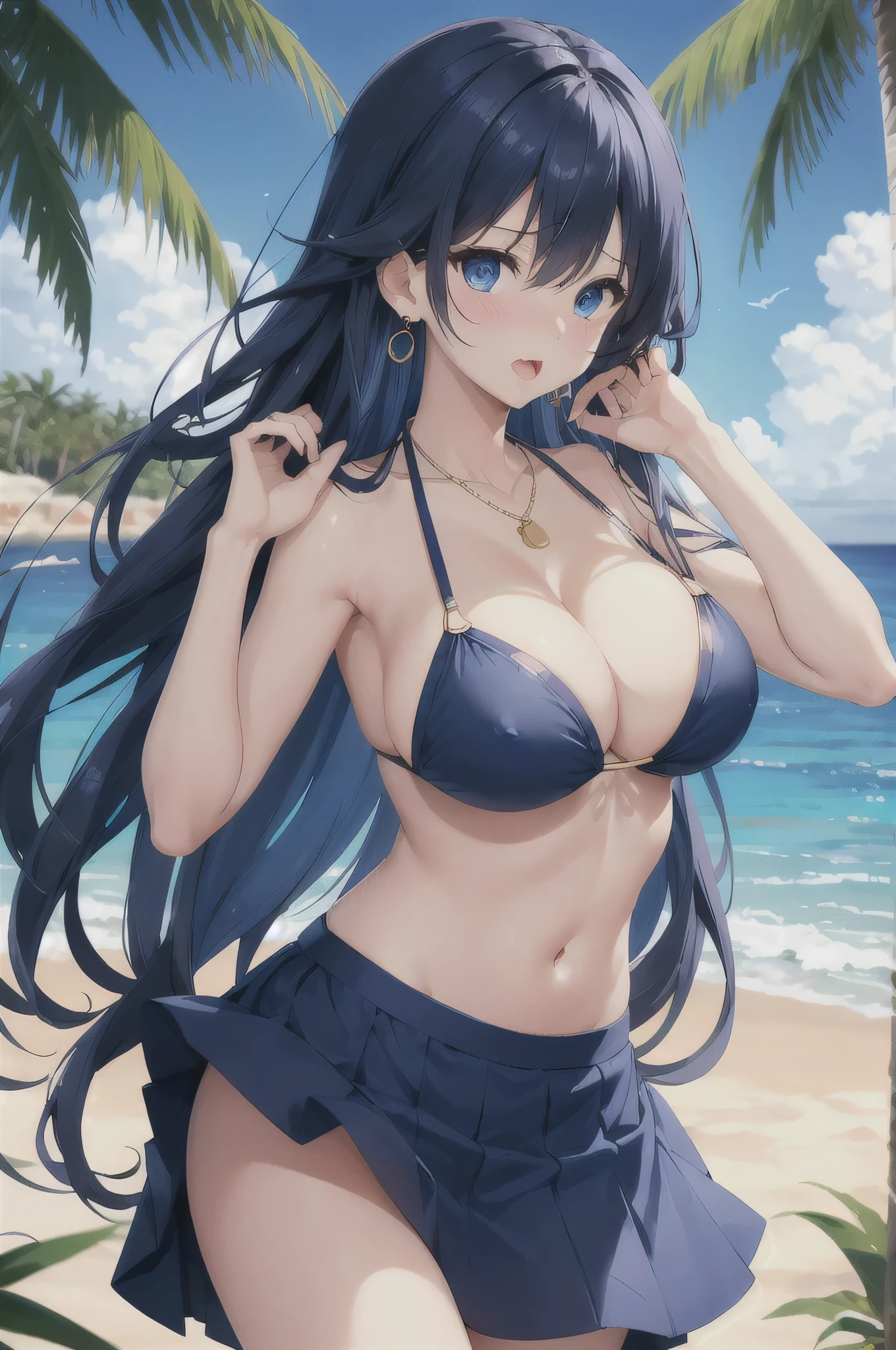 highest quality、Highest quality、masterpiece、beautiful girl、Navy blue long hair、blue eyes、Sexy bikini in dark blue、Big cleavage、(Big Breasts),Embarrassed look、Golden Necklace、Blue earrings、background(Beach)、Sexy pose、Open your mouth wide、Navy Blue Skirt