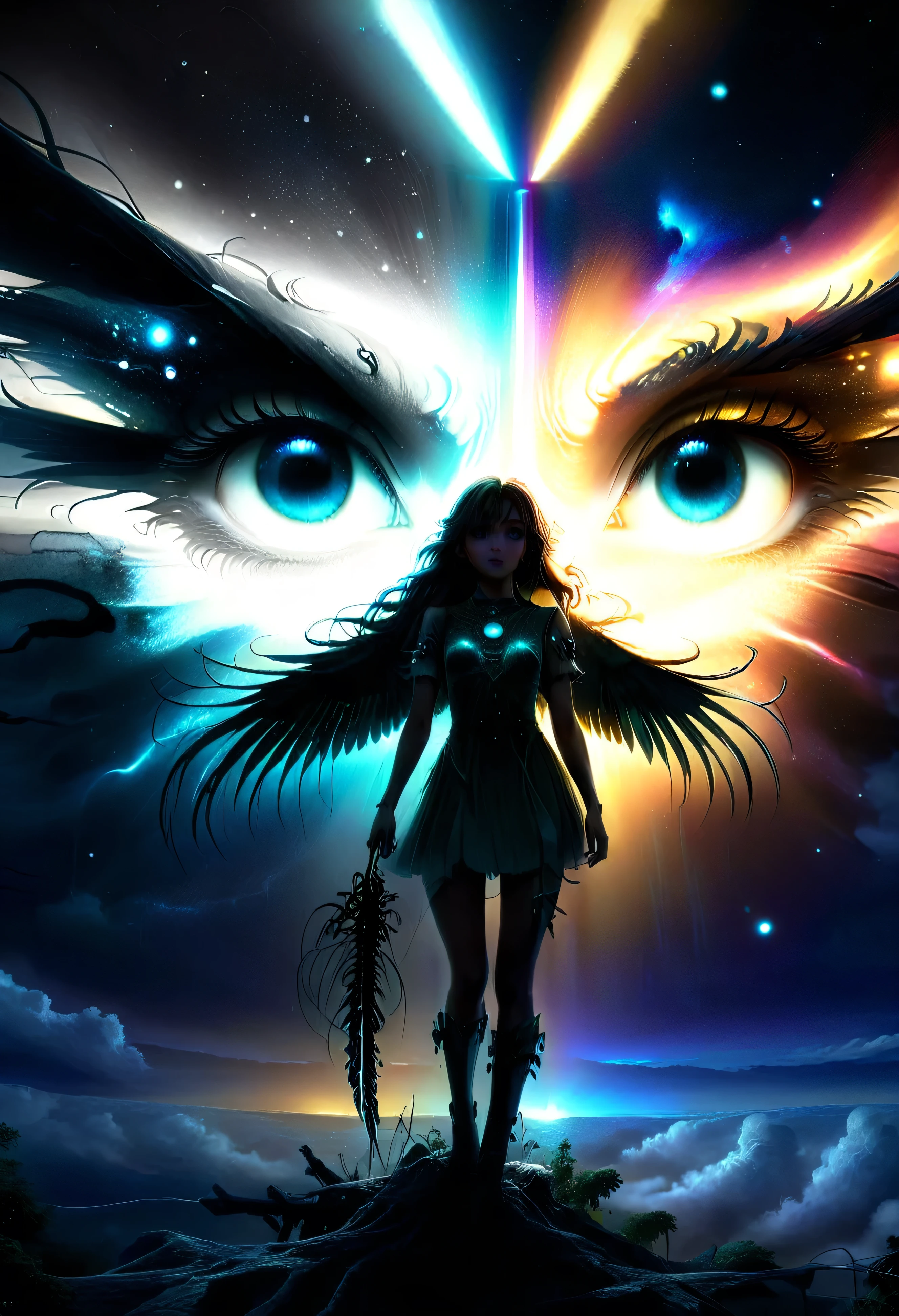 (best quality,4k,8k,highres,masterpiece:1.2), ultra-detailed, (realistic,photorealistic,photo-realistic:1.37), (1980s anime), Cosmic Fallen Angel, glowing light eyes, Biomechanical, eerie, Creepy, nightmarish, Very bright colors, Light particles, with light glowing, Mshiff, wallpaper art, UHD wallpaper.