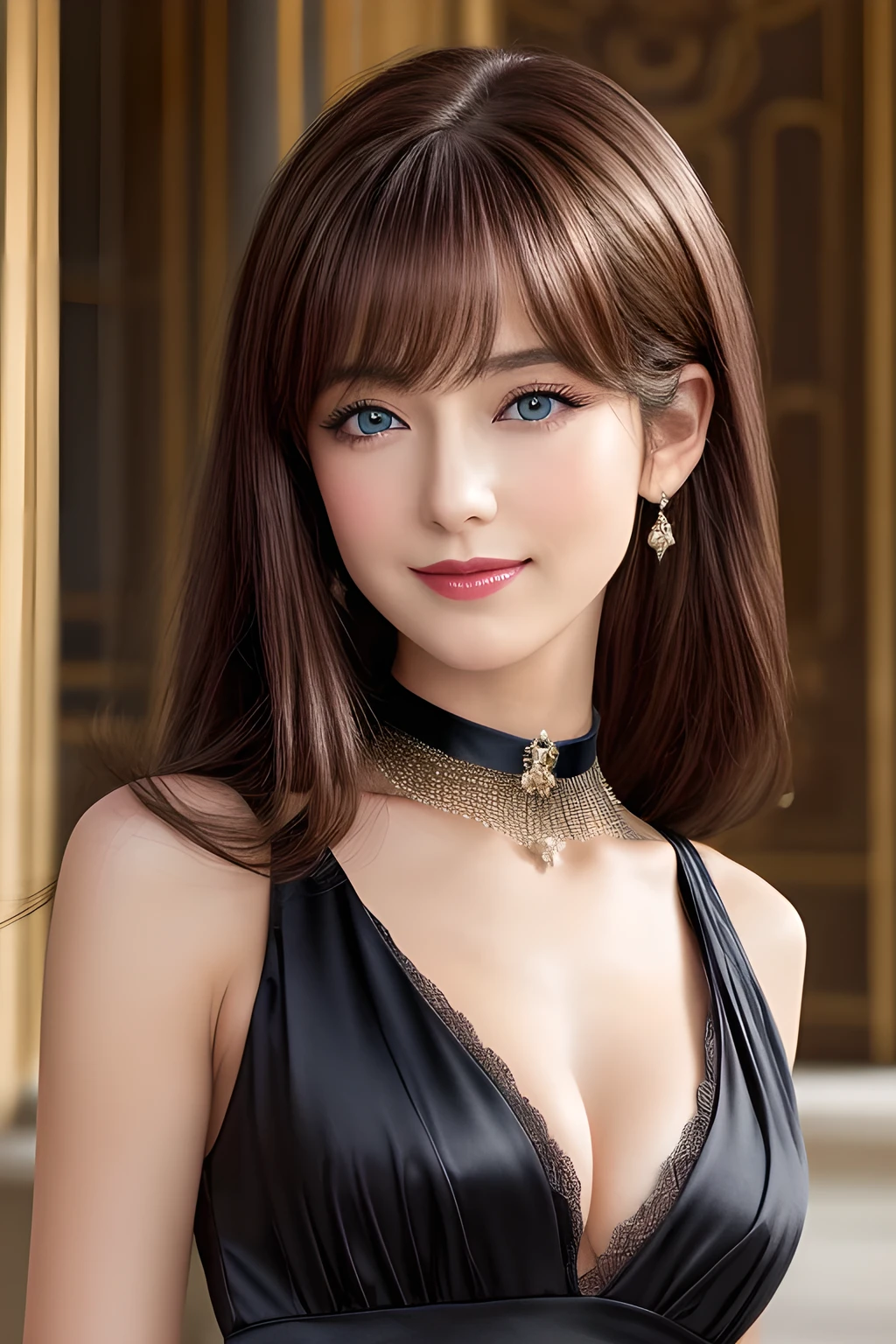 masterpiece, 1 Mature Woman per photo, Front view, Cute Japanese Woman, (輝くBrown Hair, Straight Long Hair), ((China dress)), Very cute face, Glossy Lips, Double eyelids on both eyes, Natural Makeup, Brown Hair, Asymmetrical bangs, High resolution, Attention to detail, Detailed hairstyle, Detailed face, Octane Rendering, Ultra-realistic, Perfect limbs, ((Black choker)), blue eyes, (Big Breasts), ((Slim body:1.5)), Cool Beauty, ((Slim face)), smile, Mature Woman, Browsing Caution:-1.2, Long, Bushy Eyelashes, Cleavage, Satin dress, ((Palace of Versailles, French cuisine)), mess
