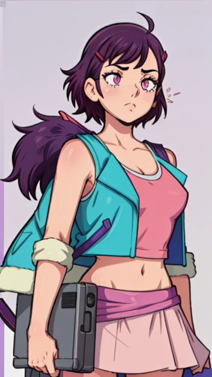 1girl, focused upper body, realistic, (short purple hair and hair clip), purple eyes, standing pose, (pink tanktop and pink skirt, blue jacket), purple background