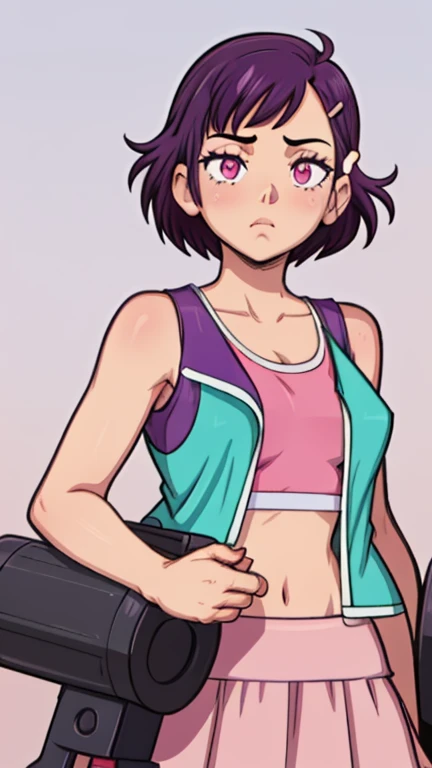 1girl, focused upper body, realistic, (short purple hair and hair clip), purple eyes, standing pose, (pink tanktop and pink skirt, blue jacket), purple background