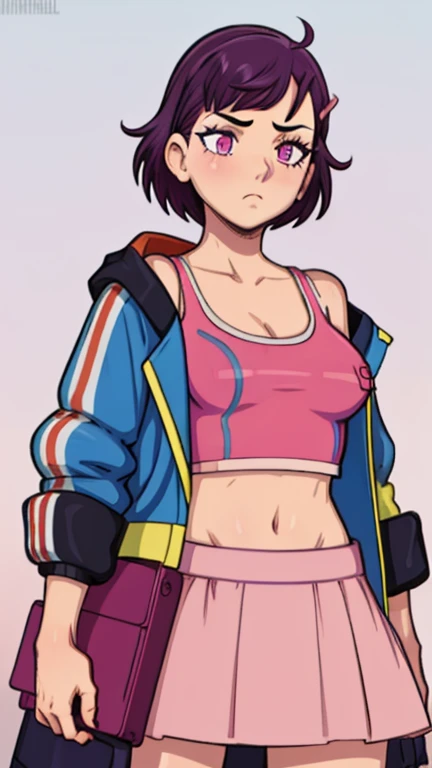 1girl, focused upper body, realistic, (short purple hair and hair clip), purple eyes, standing pose, (pink tanktop and pink skirt, blue jacket), purple background