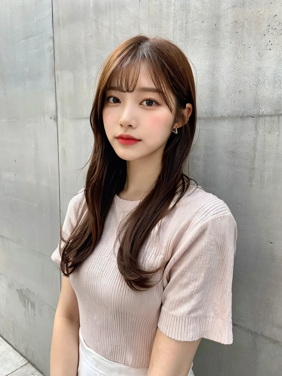 highest quality, woman, Age 25, s, 35mm lens,, Cowboy Shot, Concrete Background、Mortar style background、Reddish-brown hair color、Spring Clothes,Mortar wall,From below、Straight hair、Straight hair、Shiny Hair,Silky Hair,"Reddish-brown hair color",Bob、short、short、short、short、Bob.Bob、Bob、short、short、short、short