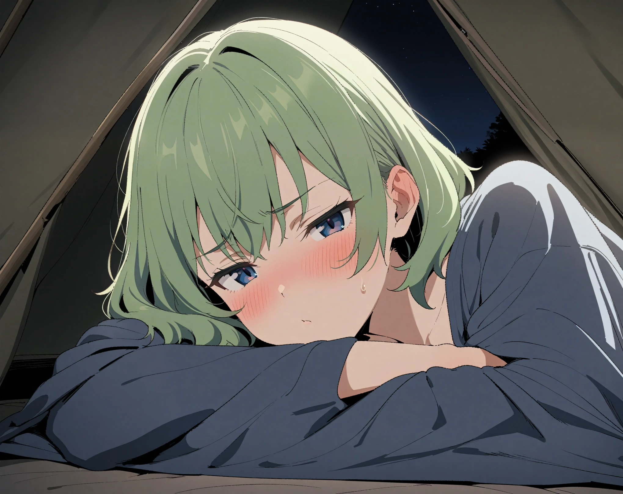 (Masterpiece, best quality, highres) {{Artist: Sincos}} 1 woman, solo, mature, side-view, 24 years old, fair skin, blue eyes, short hair, green hair, covered by blue blanket, tsundere, pouting, blushing, half-lidded eyes, laying on side, looking at camera, facing camera, standing straight, in tent, at night, dark.