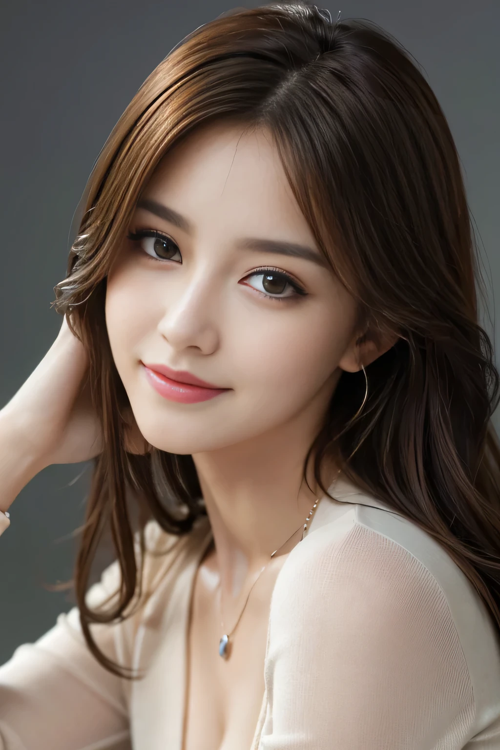 On the table, highest quality, practical, Very detailed, finely, High resolution, 8k wallpaper, One beautiful woman,, Light brown messy hair, Wearing a suit, Clear focus, Perfect dynamic composition, Beautiful and delicate eyes, Thinning hair, Detailed practical skin texture, smile, Close-up portrait, model diagram