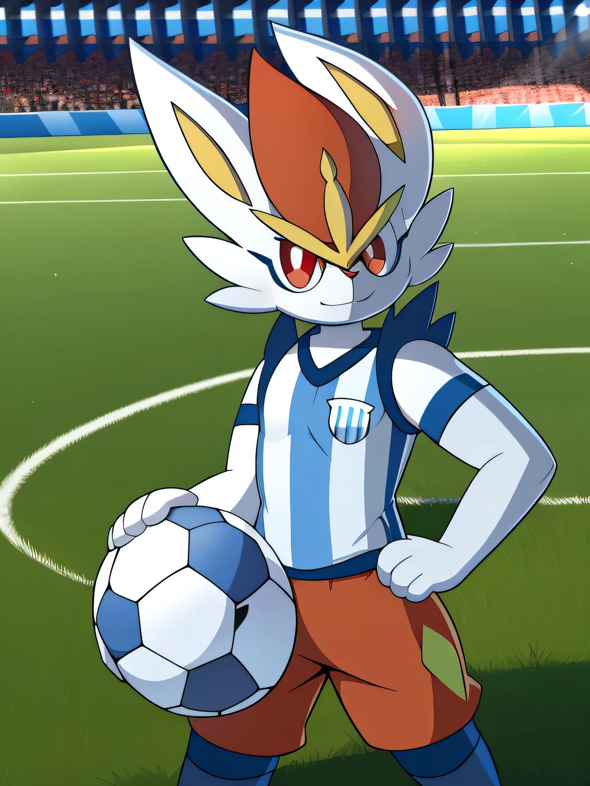 cinderace, red eyes, (posing:1.3), (soft shading), 4k, hi res, five fingers, detailed hands, ((detailed face, (detailed eyes:1.0), detailed)), soccer field, grass, soccer ball, rabbit tail, stadium, Argentinian, Argentina's flag, blue marks on the face