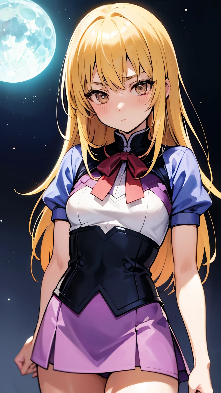 Naoyuki Kato, Katsuhiro Otomo, Masamune Shirow, Freeman Elliott, Surrealism Mysterious Weird Fantastic Fantasy Sci-Fi, Japanese Anime, Earth, Moon, and Blonde Miniskirt Beautiful Girl Alice, perfect voluminous body, detailed masterpiece hand coloured drawings hyper fine lines Hyper realistic sharp focus coquettish embarrassed shy blushing real