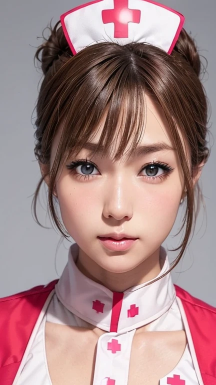 (Photoreal:1.4, 8K), highest quality, masterpiece, ultra high resolution, perfect dynamic composition, big face、round face、((light brown hair:1.4、bun hair))、Highly detailed skin and facial textures:1.3, Detail of limbs, 1 girl, Cute sexy 30 year old Japanese woman, (tanned skin:1.2), ((completely enchants you:0.9)), ((nurse costume, nurse cap)),Medium chest, (look away、beautiful eyes, black eye, Eyes that feel beautiful eros:0.85), sexy face:0.4, (closed mouth、small mouth、thick lips、A taste of beautiful eroticism:0.85), ((Too cute beauty:0.9))、natural makeup、((extreme close up))