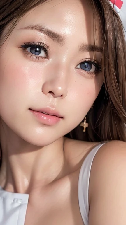 (Photoreal:1.4, 8K), highest quality, masterpiece, ultra high resolution, perfect dynamic composition, big face、round face、((light brown hair:1.4、bun hair))、Highly detailed skin and facial textures:1.3, Detail of limbs, 1 girl, Cute sexy 30 year old Japanese woman, (tanned skin:1.2), ((completely enchants you:0.9)), ((nurse costume, nurse cap)),Medium chest, (look away、beautiful eyes, black eye, Eyes that feel beautiful eros:0.85), sexy face:0.4, (closed mouth、small mouth、thick lips、A taste of beautiful eroticism:0.85), ((Too cute beauty:0.9))、natural makeup、((extreme close up))