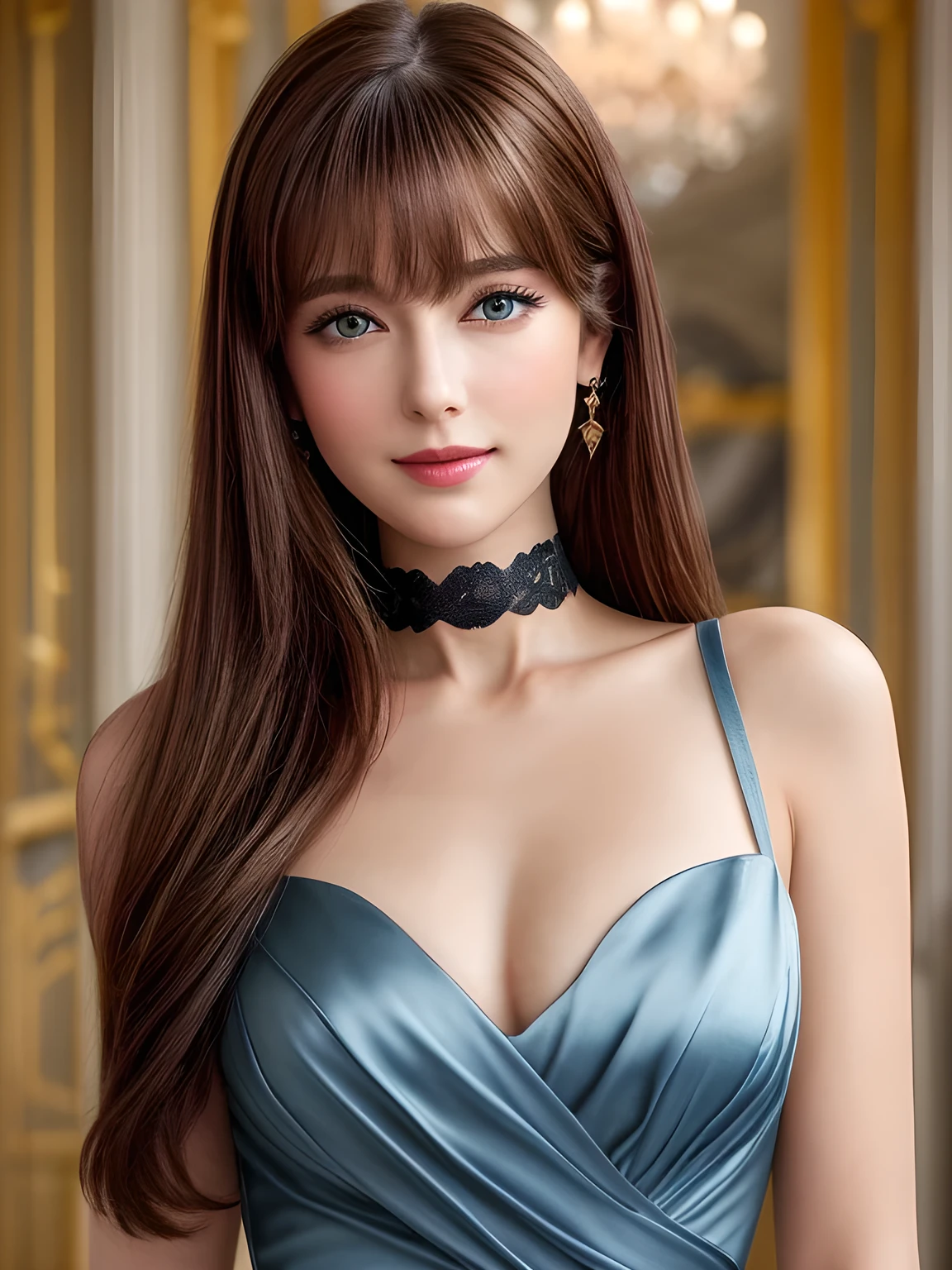 masterpiece, 1 Mature Woman per photo, Front view, Cute Japanese aristocratic woman, (輝くBrown Hair, Straight Long Hair), ((China dress)), Very cute face, Glossy Lips, Double eyelids on both eyes, Natural Makeup, Brown Hair, Asymmetrical bangs, High resolution, Attention to detail, Detailed hairstyle, Detailed face, Octane Rendering, Ultra-realistic, Perfect limbs, ((Black choker)), blue eyes, (Big Breasts), ((Slim body:1.5)), Cool Beauty, ((Slim face)), smile, Mature Woman, Browsing Caution:-1.2, Long, Bushy Eyelashes, Cleavage, Satin dress, ((Palace of Versailles, French cuisine)), During meals