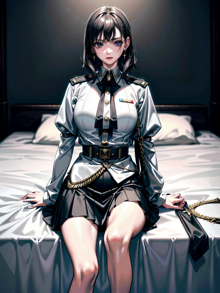 military uniform, absurdres, RAW photo, extremely delicate and beautiful, masterpiece, Best Quality, ultra high resolution, 32k, hyperrealistic, ultra-detailed, detailed description, pale skin, 20 years old, tearful mole, earring, Colossal tits, short medium hair, wavy hair, pleated skirt,