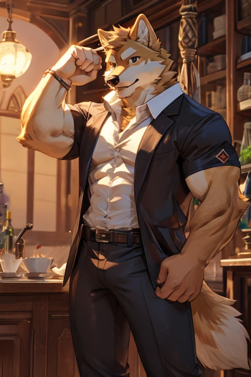 Furry male, panorama, wolf, muscle, tail, British style, suspenders, gray fur, sitting on a stool