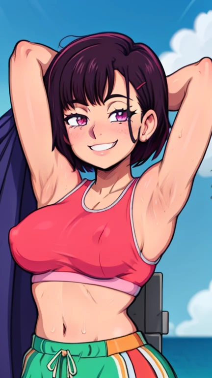 masterpiece, best quality, looking at viewer, upper body, portrait, looking at viewer, seductive smile, put your hands behind your head, armpits, armpits visible, sweaty armpits, shizuka, very large breasts, short purple hair, wearing pink tanktop,