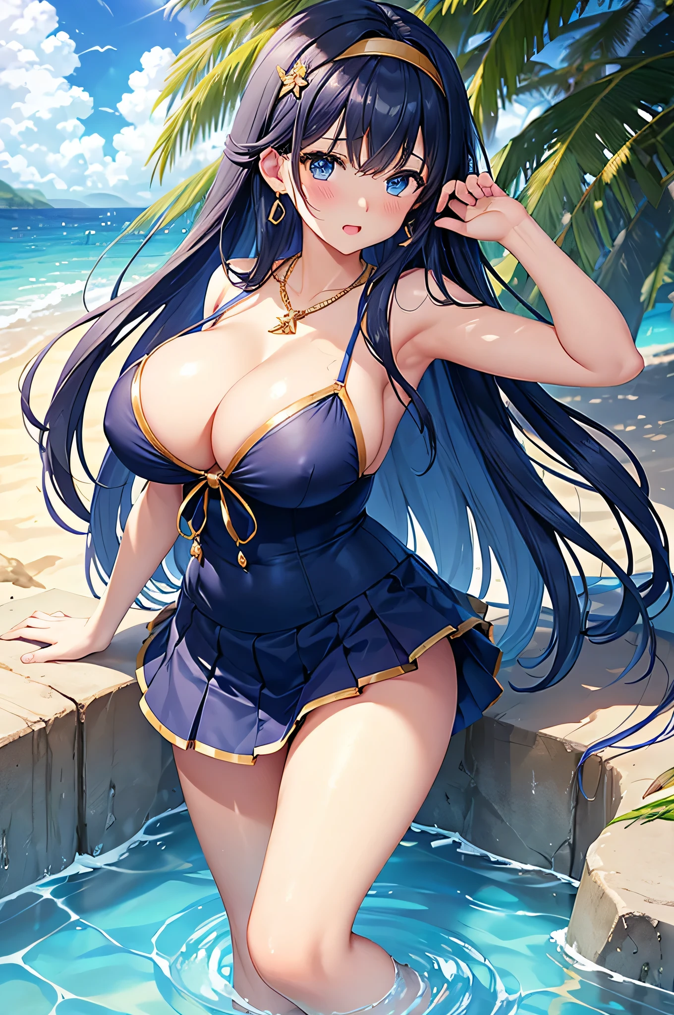 highest quality、Highest quality、masterpiece、beautiful girl、Navy blue long hair、blue eyes、Sexy bikini in dark blue、Big cleavage、(Big Breasts),Embarrassed look、Golden Necklace、Blue earrings、background(Beach)、Sexy pose、Open your mouth wide、Navy Blue Skirt、Swimming in the sea、white headband