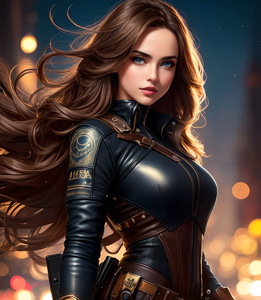 Long light Brown hair, (blue eyes), woman, (detailed eyes), pouty lips,  dressed in black leather, (holding a pistol),  dark,  dynamic pose, (8k, RAW photo, photorealistic), (lots of eyelashes, best quality, ultra high resolution, depth of field, wide light, natural color, picture from distance, hair with many details, beautiful, ana de armas, medium breasts, 8k artgerm bokeh, fanart best artstation, render photorealistic, art in the style of guweiz, inspired by WLOP, ig model | artgerm, deviantart artstation cgscosiety, dark city background, landscape view, full image,  full body,  landscape