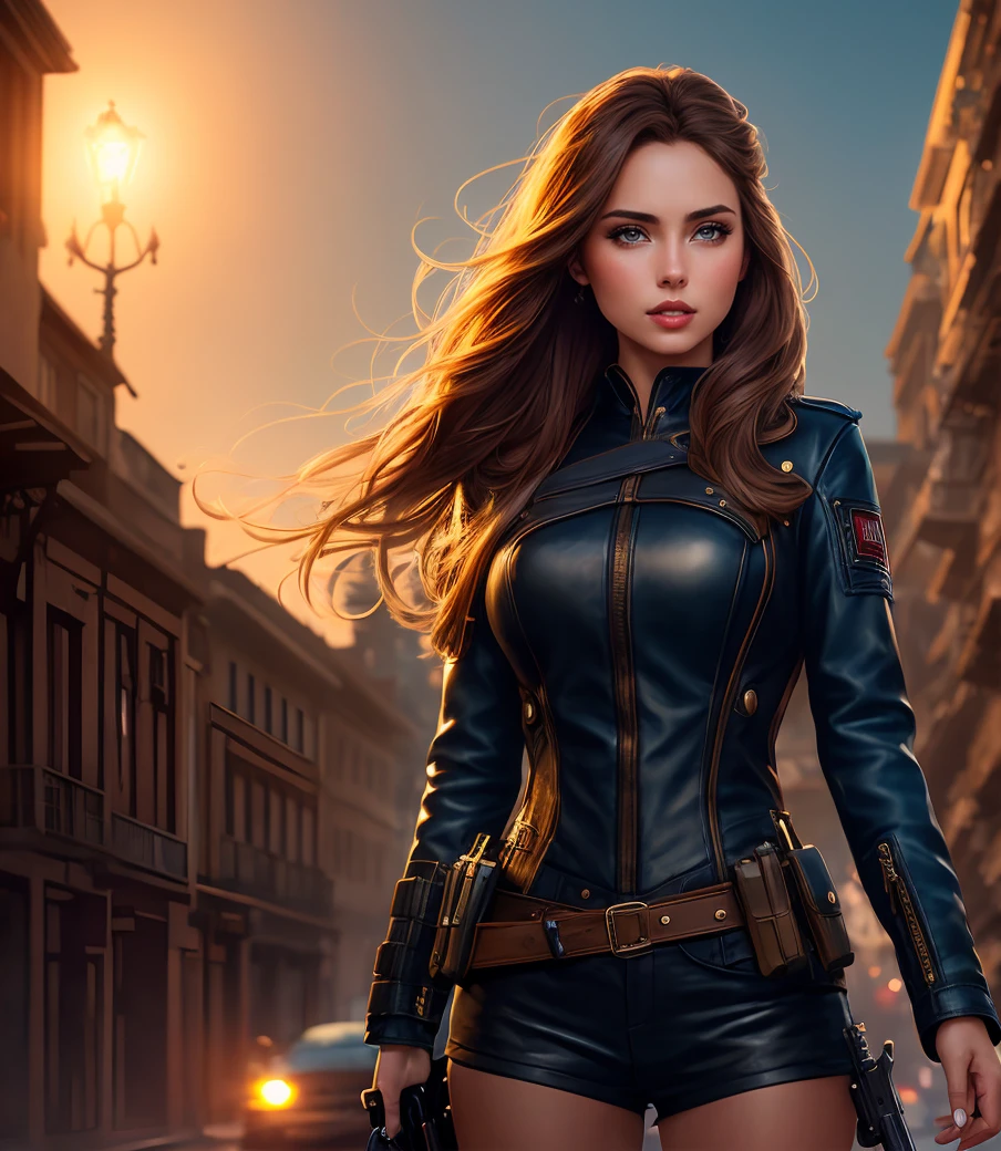 Long light Brown hair, (blue eyes), woman, (detailed eyes), pouty lips, dressed in black leather, (holding a pistol), dark, dynamic pose, (8k, RAW photo, photorealistic), (lots of eyelashes, best quality, ultra high resolution, depth of field, wide light, natural color, picture from distance, hair with many details, beautiful, ana de armas, medium breasts, 8k artgerm bokeh, fanart best artstation, render photorealistic, art in the style of guweiz, inspired by WLOP, ig model | artgerm, deviantart artstation cgscosiety, dark city background, landscape view, full image, full body, landscape