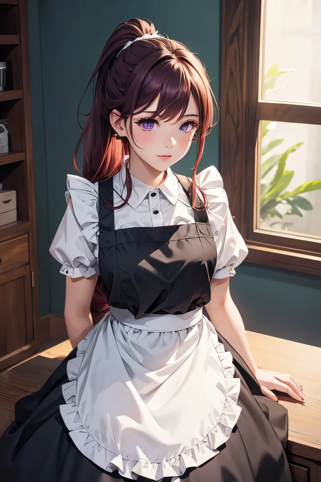 masterpiece,(best quality, illustration,detailed face:1.3),(1girl,solo:1.3),beautiful detailed eyes,  apron, gradient_background, gradient, maid, purple eyes,red hair,small breasts,, BREAK, enmaided, white_apron, black_dress, ponytail, black_footwear, frilled_apron, dress, maid_apron, alternate_hair,very long hair, split_ponytail, halo 