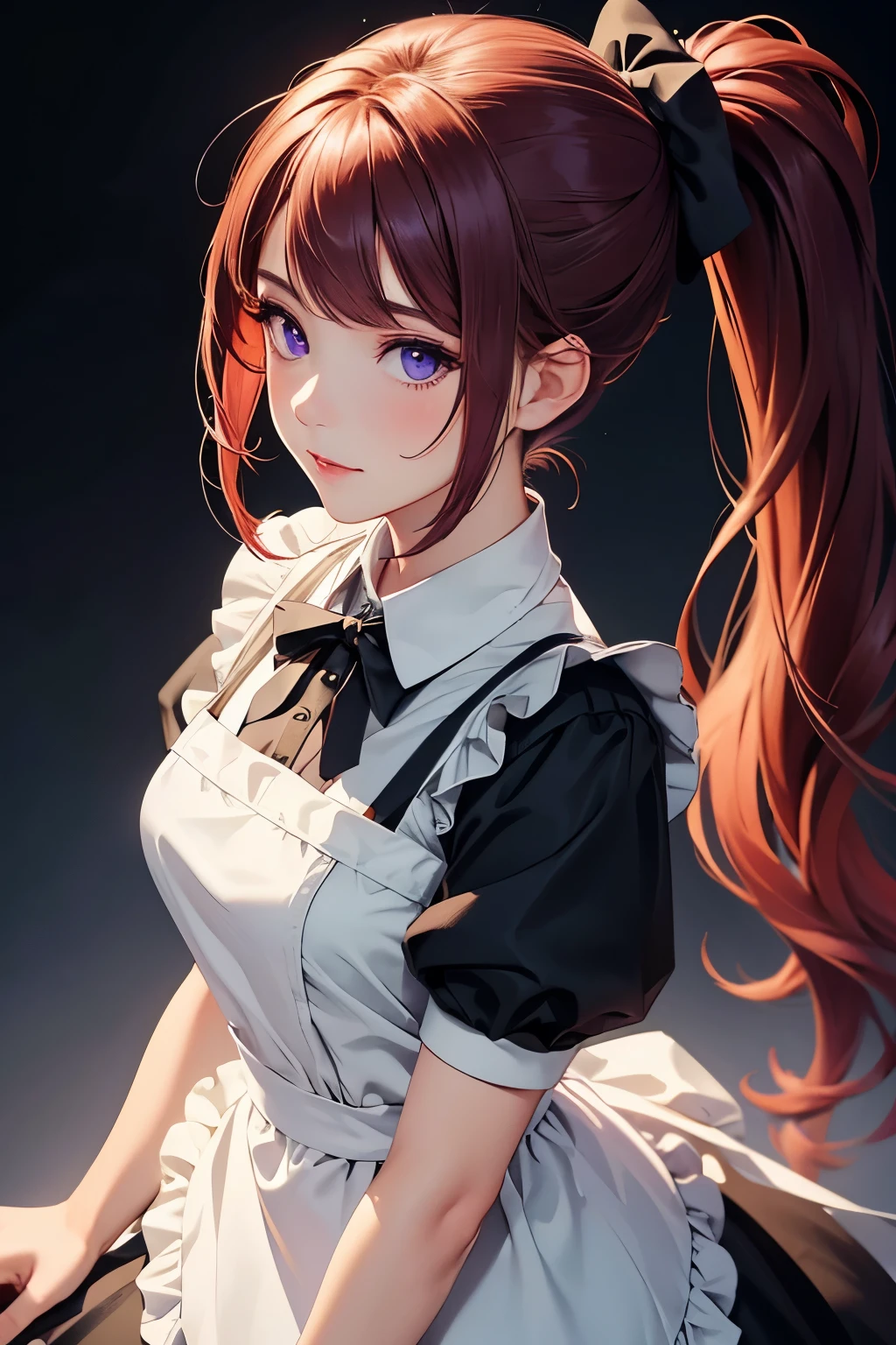 masterpiece,(best quality, illustration,detailed face:1.3),(1girl,solo:1.3),beautiful detailed eyes,  apron, gradient_background, gradient, maid, purple eyes,red hair,small breasts,, BREAK, enmaided, white_apron, black_dress, ponytail, black_footwear, frilled_apron, dress, maid_apron, alternate_hair,very long hair, split_ponytail, halo 