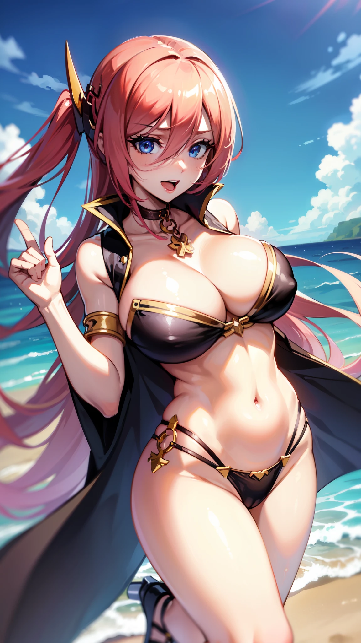 , cleavage,saggy breasts,, , navel, solo, ,open mouth,cowboy shot,smile,wide hips,,long hair,pink hair,beach,ocean,blue sky,,white front tie top,.choker,,single pantsleg,sunlight,toe ring,anklet,gold choker,gold armlet,gold thigh ring,gold necklace,,water,masterpiece,best quality,ultra detailed,make-up,rouge,mascara, best quality,  best quality ,masterpiece,an extremely delicate and beautiful, extremely detailed, Amazing, finely detail, 8k wallpaper, , ultra-detailed, highres, extremely detailed, 8K, Ultra-High Definition, highest quality, ultra high resolution, , High quality texture,Highly detailed,Open mouth, A girl, Shiny body, Shiny skin, Shiny skin, masterpiece, best quality, highest quality, ultra-detailed, extremely beautiful detailed, 1girl, solo, beautiful girl, 