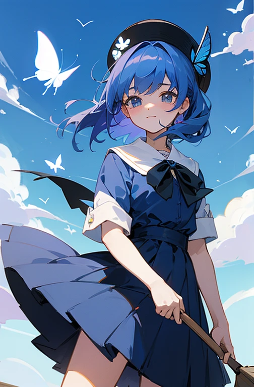 (highest quality、Highest quality、Masterpiece)、Ride a broom、cute魔女、With the butterfly、fly in the blue sky、Beauty、cute、Navy blue clothes、