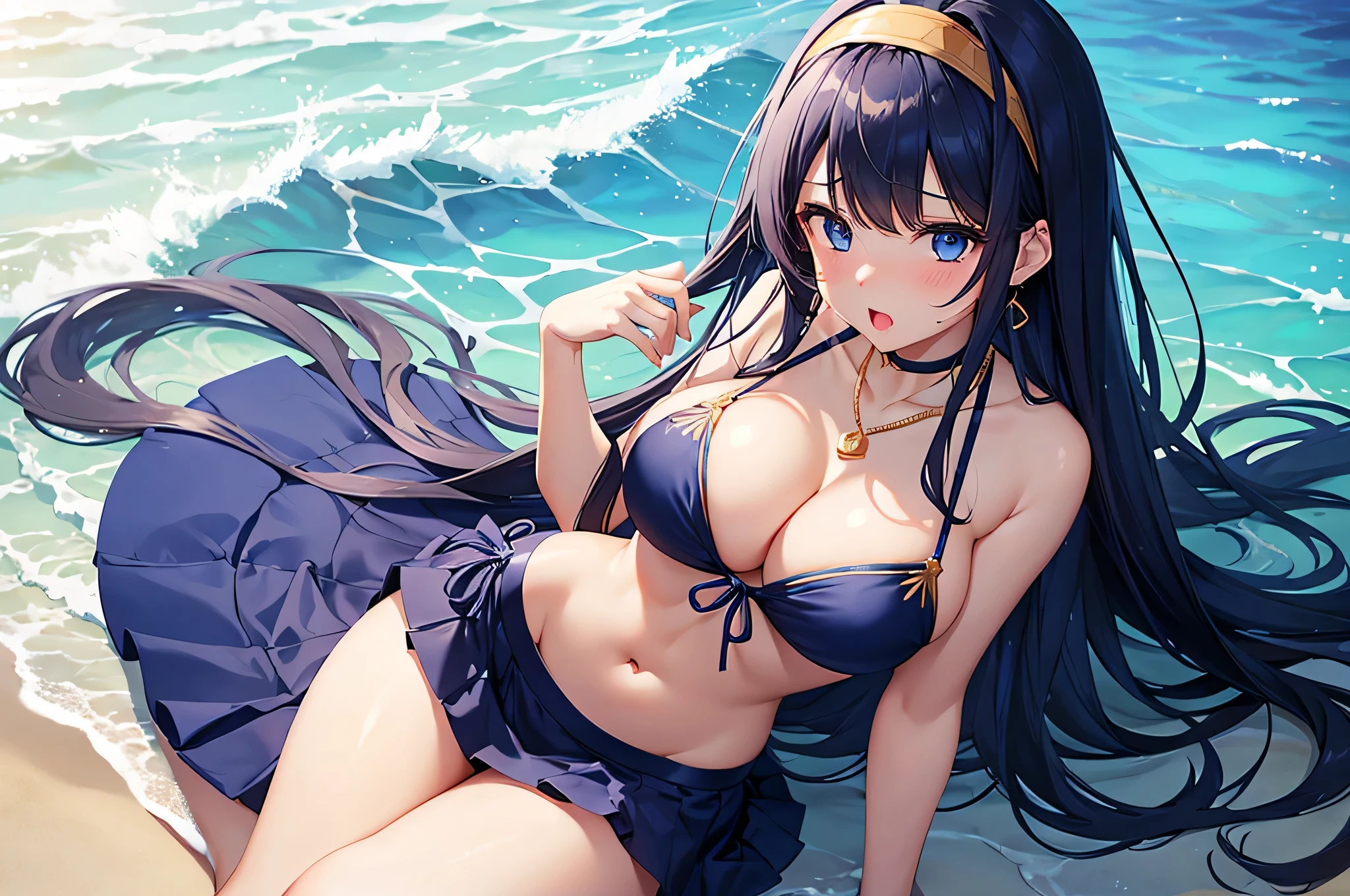 highest quality、Highest quality、masterpiece、beautiful girl、Navy blue long hair、blue eyes、Sexy bikini in dark blue、Big cleavage、(Big Breasts),Embarrassed look、Golden Necklace、Blue earrings、background(Beach)、Sexy pose、Open your mouth wide、Navy Blue Skirt、white headband、