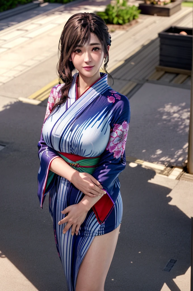 highest quality, Perfect Face, Complex, Beautiful views, Ultra-realistic 8K CG,Perfect artwork, 1 female, Sayuri, Young Face, Round face, Droopy eyes, smile, alone, Appearance like a female teacher, wear Kimono, Cool colored clothes, Show me your back, yukata, Side lighting, Shallow and sharp depth of field, Realistic