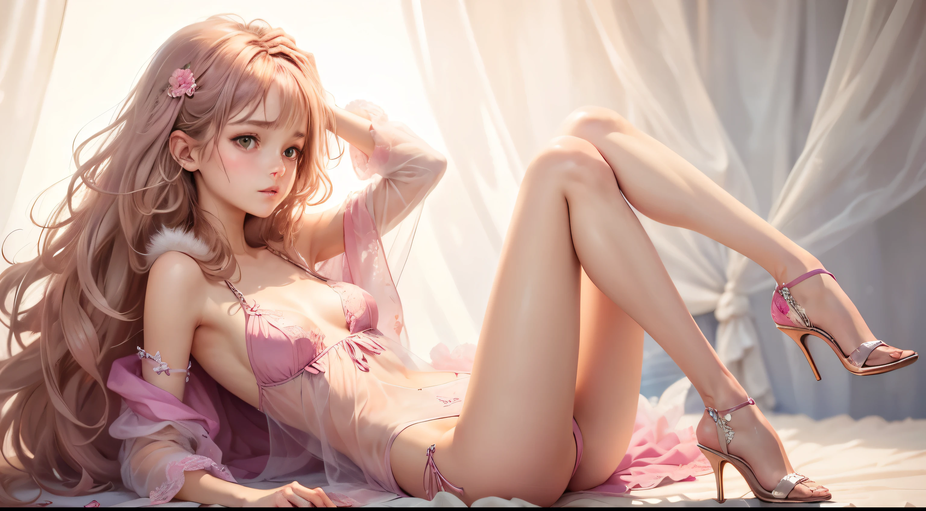 (Pieces fly),(highest quality:1.1),(Very detailed),Best illustrations,The finer details,(Portraits:1.1),(Watercolor)fluffy,1 female,alone,,Small breasts,Anorexic Thin Thighs,slim,(Very delicate and beautiful face),(Beautiful eyes in every detail),Pink thick lips,(Messy Hair),Soft and lazy,(Simple Background:1.2)Overall background color,Transparent parts,In 4K,Full Shot,Thin legs,Pink High Heels,See-through gown,Swimwear,The happi coat is open