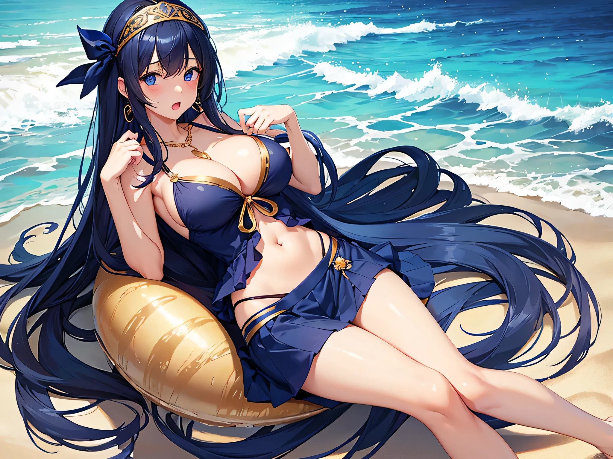 highest quality、Highest quality、masterpiece、beautiful girl、1 female、Navy blue long hair、blue eyes、Sexy bikini in dark blue、Big cleavage、(Big Breasts),Embarrassed look、Golden Necklace、Blue earrings、background(Beach)、Sexy pose、Open your mouth wide、Navy Blue Skirt、white headband、