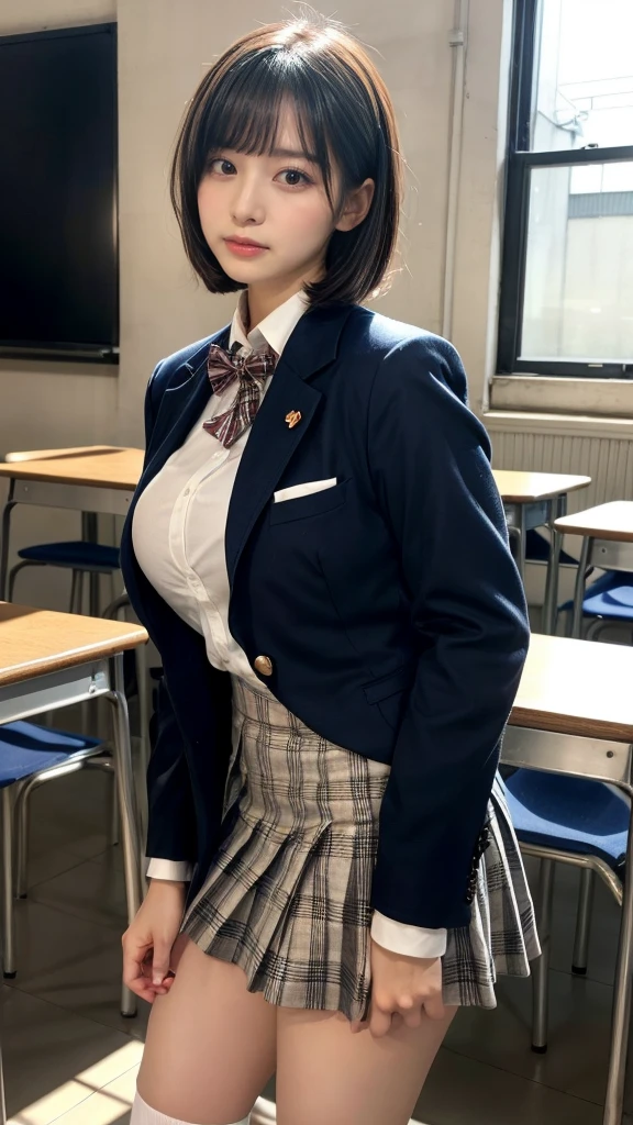 muste piece, best quality, illustration, Super detailed, fine details, High resolution, 8K,wall paper, perfect dynamic composition,(Details High quality, realistic depiction of eyes:1.3), from side, High School Classroom、High school girl uniform、blazer 、Super Short Check Uniform Skirt、Navy blue high socks、garterbelts、Colossal tits、Disturbed uniform, short bob hair, black hair color, large breasts, Big Natural Color Lip, bold sexy pose, (perfect body shape), crying a little、cold gaze, Harajuku style、20 year old girl、cute type, beautiful legs, hposing Gravure Idol, Voluptuous thighs