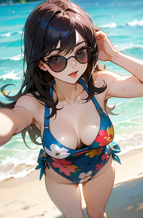 sexy、Cool woman、sunglasses、nice、Ray-Ban、Floral swimsuit、