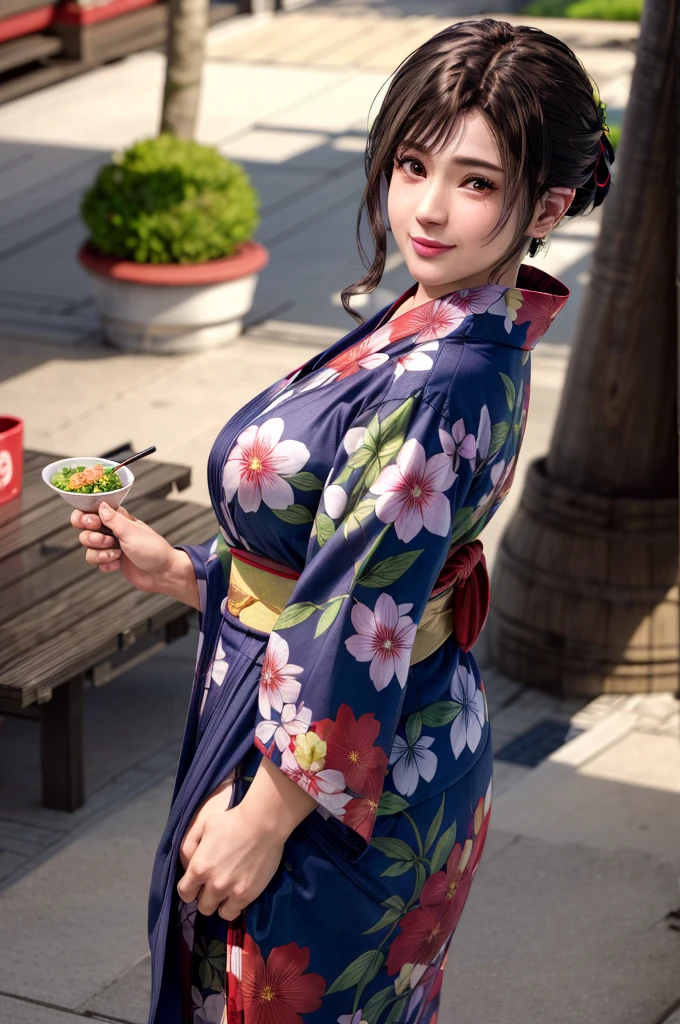 highest quality, Perfect Face, Complex, Beautiful views, Ultra-realistic 8K CG,Perfect artwork, 1 female, Sayuri, Young Face, Round face, Droopy eyes, smile, alone, Appearance like a female teacher, wear Kimono, Cool colored clothes, Show me your back, yukata, An alley lined with food stalls, Side lighting, Shallow and sharp depth of field, Realistic