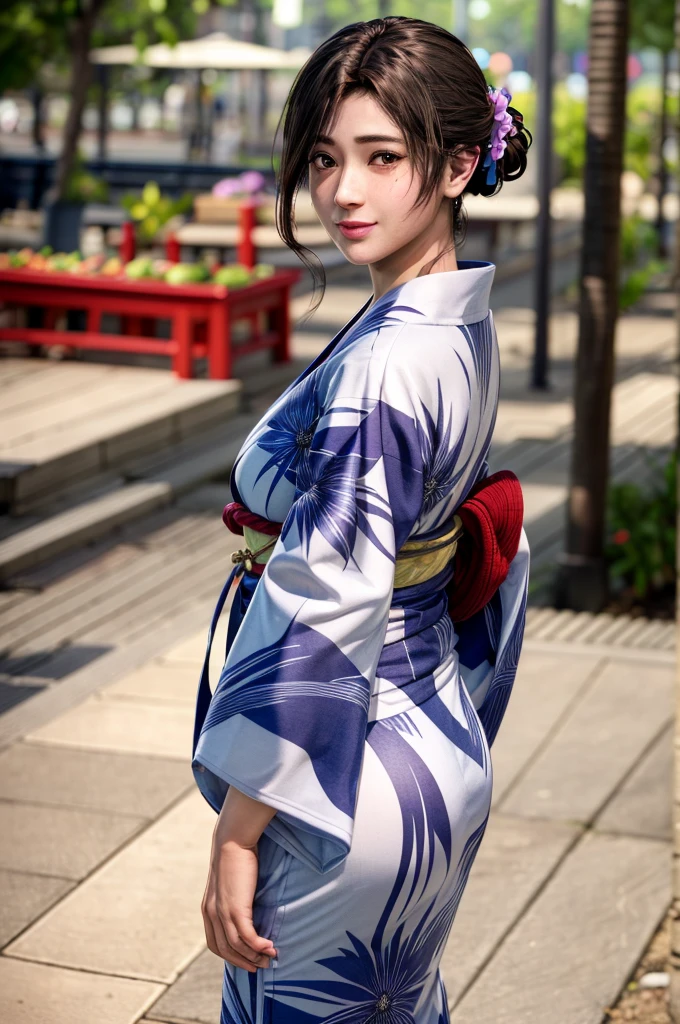 highest quality, Perfect Face, Complex, Beautiful views, Ultra-realistic 8K CG,Perfect artwork, 1 female, Sayuri, Young Face, Round face, Droopy eyes, smile, alone, Appearance like a female teacher, wear Kimono, Cool colored clothes, Show me your back, yukata, An alley lined with food stalls, Side lighting, Shallow and sharp depth of field, Realistic