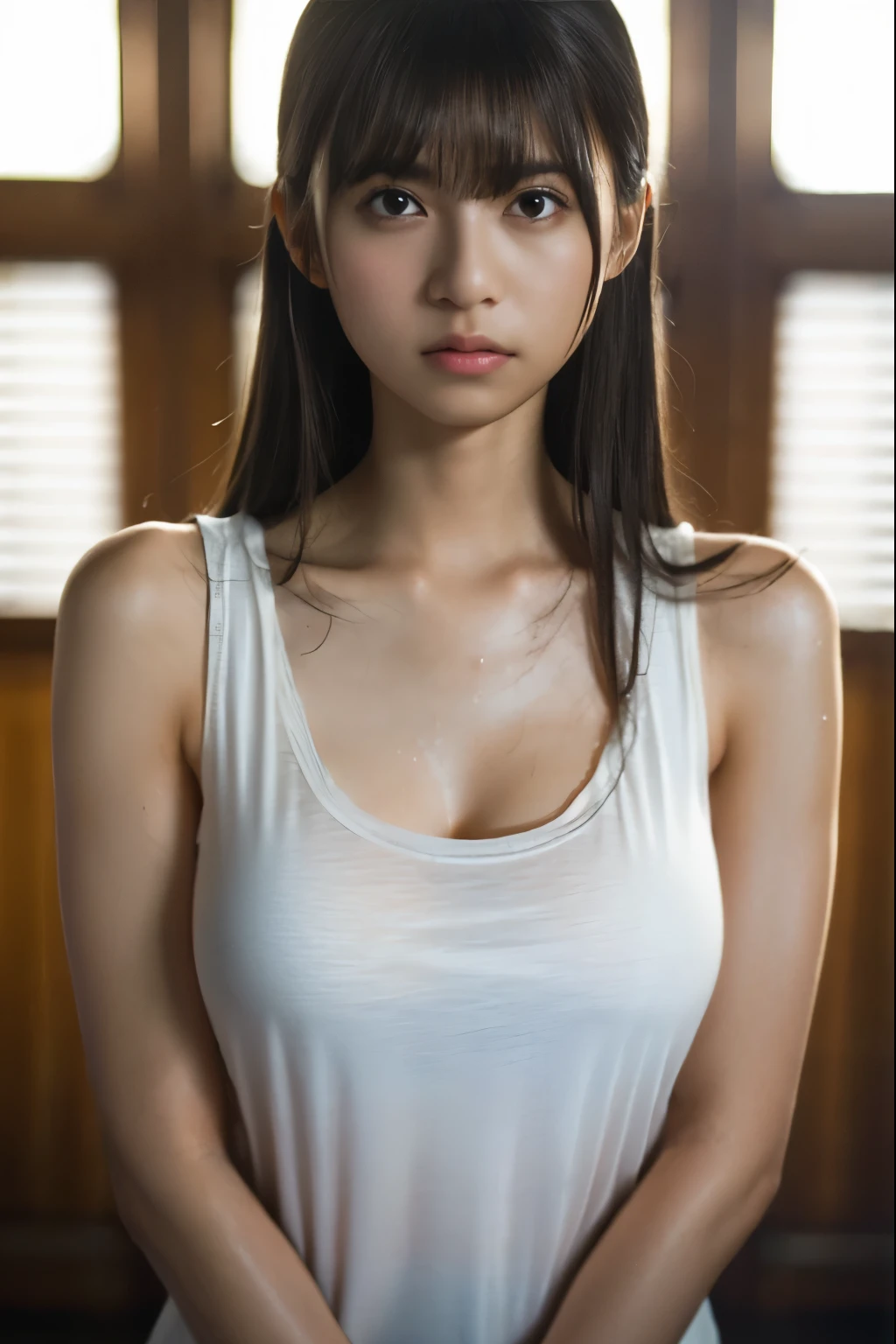 highest quality, masterpiece, Ultra-high resolution, (Realistic:1.4), RAW Photos, 1 girl, Dark Hair, Shiny skin, Sweaty body, Dramatic lighting, whole body, Female dog, Tank top, Huge breasts