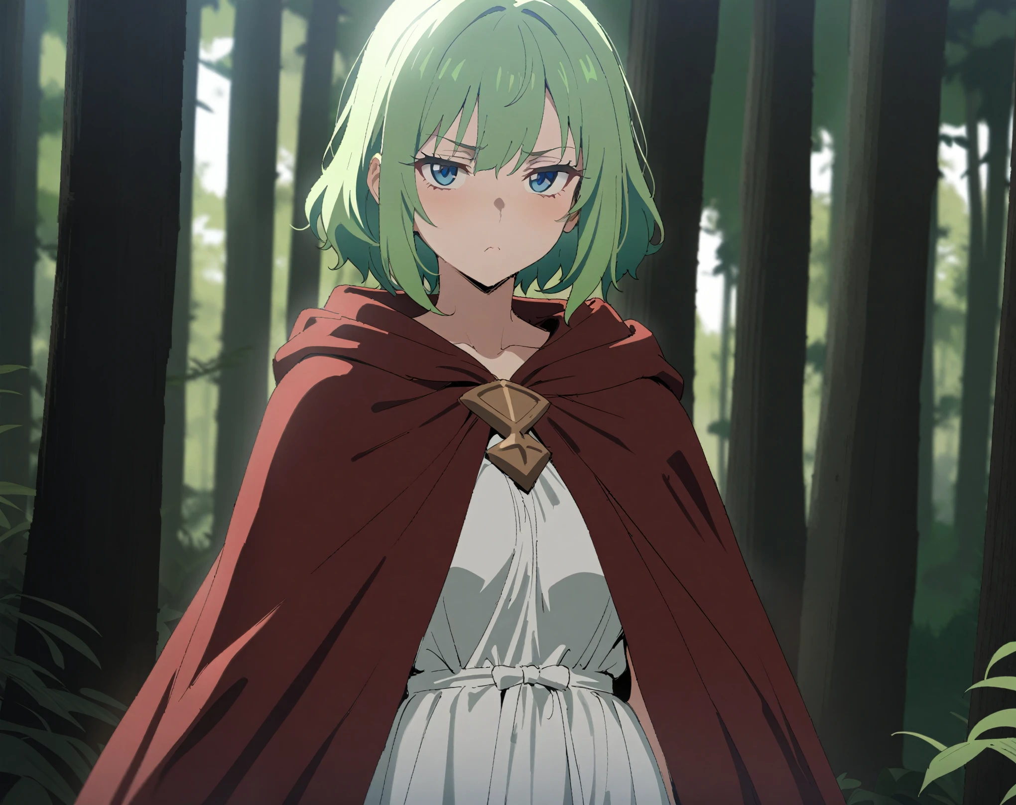 (Masterpiece, best quality, highres) {{Artist: Sincos}} 1 woman, solo, mature, 24 years old, fair skin, blue eyes, short hair, green hair, mage robe, white dress, dark red cloak, tsundere, pouting, looking at camera, facing camera, standing straight, in forest, daytime.