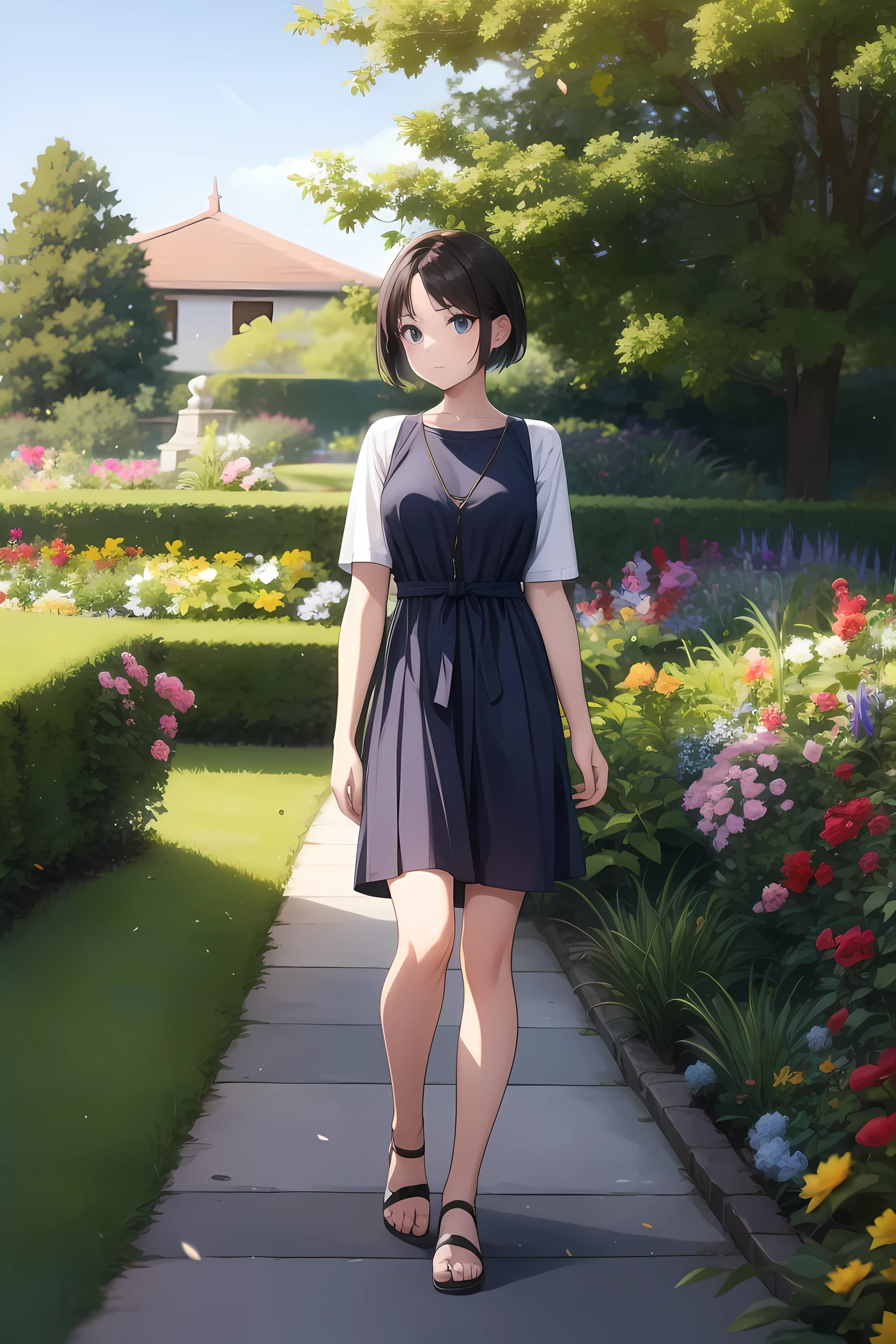 Beautiful Female short hair ,casual dress outfit ,solo ,color full garden
