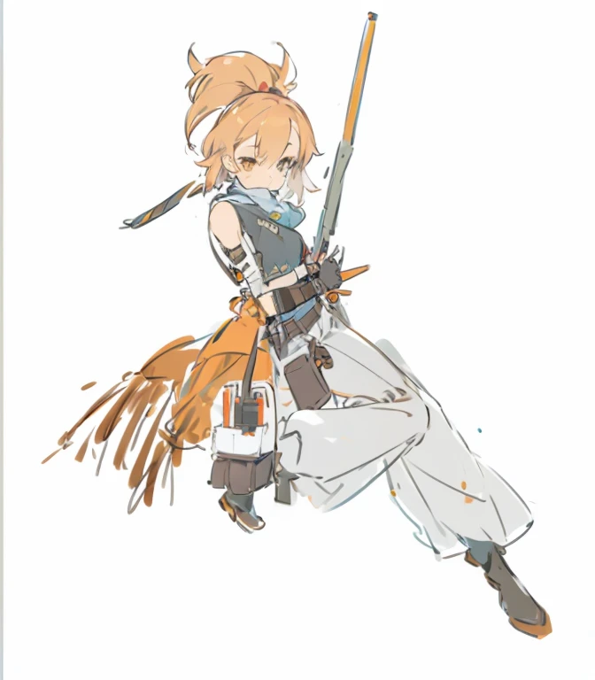 masterpiece, best quality, 1 Girl, Apricot hair,Denim shawl,Armed with a gun,Cheerful personality,Bullet Bag,Waist bag,sleeveless black vest,Explorer Gloves。