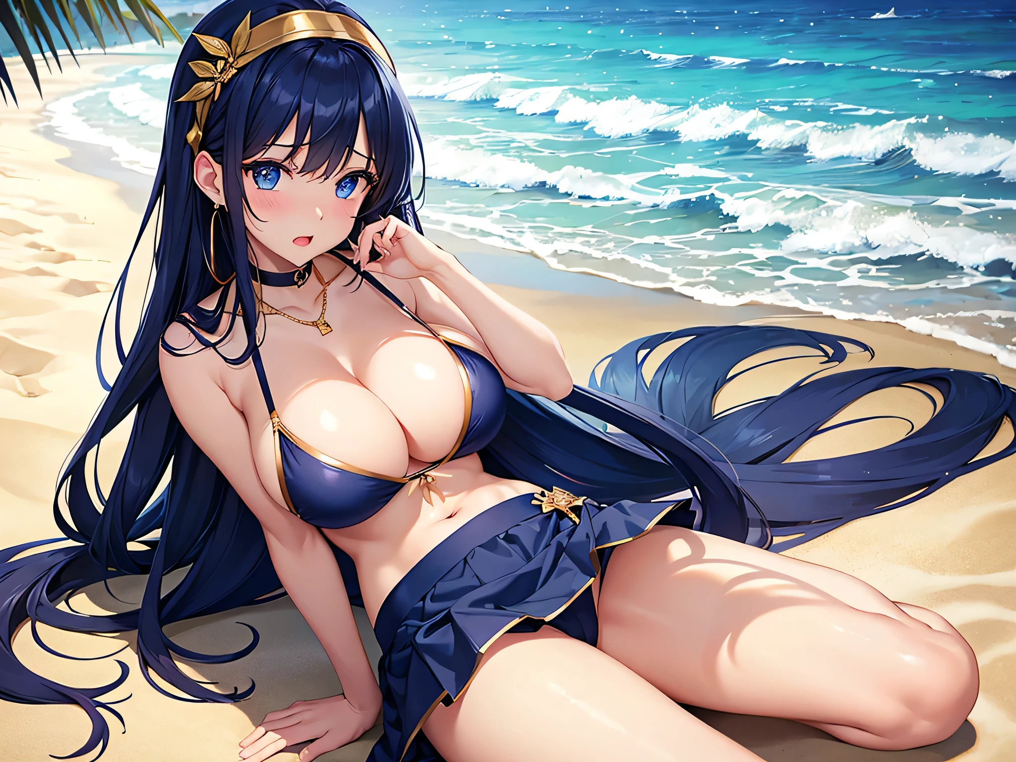 highest quality、Highest quality、masterpiece、beautiful girl、1 female、Navy blue long hair、blue eyes、Sexy bikini in dark blue、Big cleavage、(Big Breasts),Embarrassed look、Golden Necklace、Blue earrings、background(Beach)、Sexy pose、Open your mouth wide、Navy Blue Skirt、white headband、