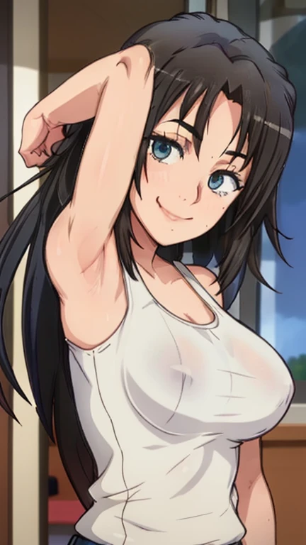 masterpiece, best quality, looking at viewer, upper body, portrait, looking at viewer, seductive smile, put your hands behind your head, armpits, armpits visible, sweaty armpits, shizuka, very large breasts, long dark hair, wearing white tanktop,