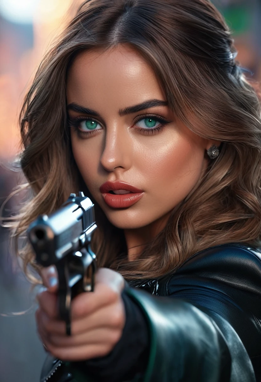 Long light Brown hair, (blue green eyes), woman, (detailed eyes), pouty lips, dressed in black leather, (holding a pistol), dark, dynamic pose, (8k, RAW photo, photorealistic), (lots of eyelashes, best quality, ultra high resolution, depth of field, wide light, natural color, picture from distance, hair with many details, beautiful, ana de armas, medium breasts, 8k artgerm bokeh, fanart best artstation, render photorealistic, art in the style of guweiz, inspired by WLOP, ig model | artgerm, deviantart artstation cgscosiety, dark city background, landscape view, full image, full body, landscape