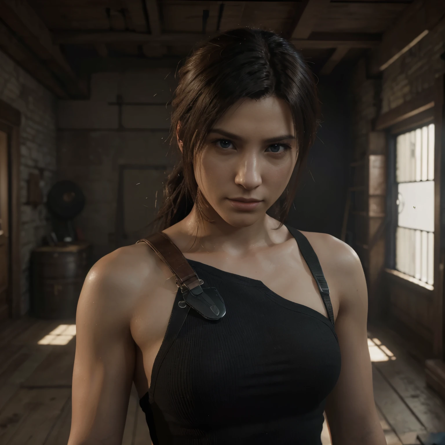 (8k, calidad superior, Obra maestra: 1.2), (realista, fotorrealista: 1.37), ultra high definition, final fantasy vii remake&#39;s Tifa Lockhart sentada en una motocicleta CFR 450R roja y blanco. Un retrato detallado con hermosos ojos detallados y una nariz sonrojada que te hace lucir linda y solitaria.. She wears single Coderas, botines, una falda negra, medias negras hasta el muslo, botas rojas, y guantes de codo, Coderas, y guantes sin dedos. Su outfit incluye un sujetador deportivo., falda con tirantes, muslos altos, y una camiseta blanca. El cuerpo completo es visible., revelando una cara bonita, pelo largo recogido bajo, y labios. The stage is illuminated with professional lighting., mapeo de fotones y radiosidad, creating a cyberfuturistic atmosphere in the style of Tetsuya Nomura. El fondo presenta el horizonte del oceano y un efecto bokeh.. Tifa smiled a little and closed her mouth...