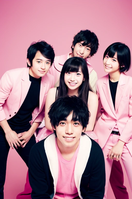 High resolution,A total of three young Japanese men and two young Japanese women5Photos of band members,Pink background